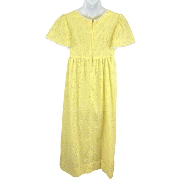 70s Yellow S Floral Textured Empire Waist Maxi Dress Flutter Sleeves Cottagecore - Picture 2 of 16